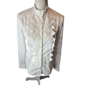 Oscar de la Renta White Cotton Long Sleeve Button Ruffled Shirt Small Size S